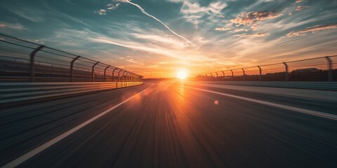 Motion-blurred race track at sunset speed and evening light, sports event awareness