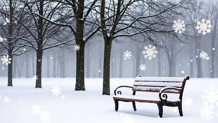 Snowy park scene with bench and trees on a winter day with snowflakes