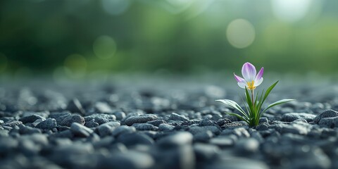 Delicate wild violet with white petals and purple tips amid grey stones, emphasizing survival and adaptation in a rocky landscape