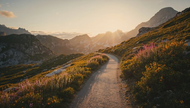 A scenic mountain pathway surrounded by vibrant flowers and natural rock formations, highlighting exploration, Earth Day