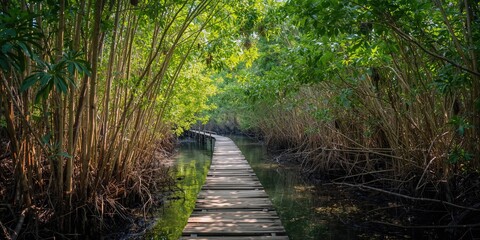 Naklejka premium Mangrove forest with wooden bridge in Chumphon, Thailand, coastal ecosystem preservation