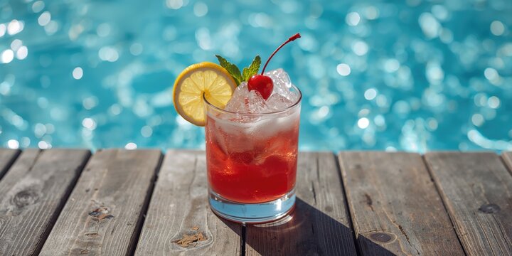 Cherry cocktail with lemon and fruit on white water, highlighting seasonal beverage aesthetics