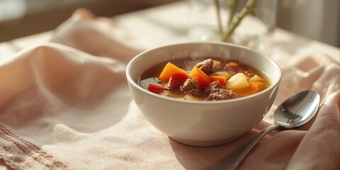White bowl filled with homemade vegetable beef soup containing beef, vegetables, and tomato, focusing on wholesome meal preparation