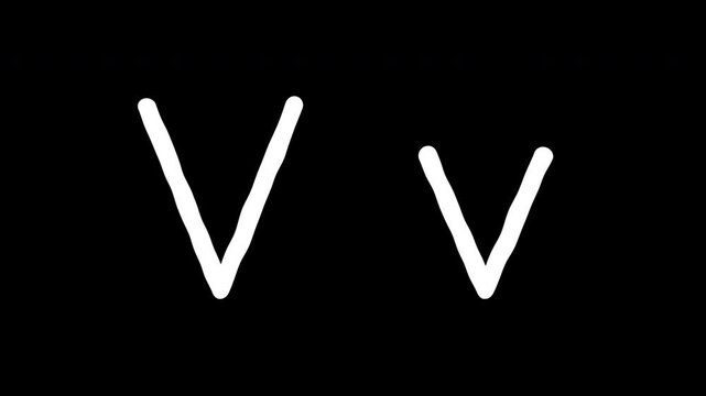 Letter V uppercase and lowercase scribble animated on transparent background. White alphabet V messy line motion graphic with alpha channel.