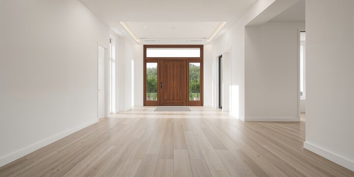 Modern interior of an entrance hall with white walls, serving as a background for text and layout design, World Interior Design Day