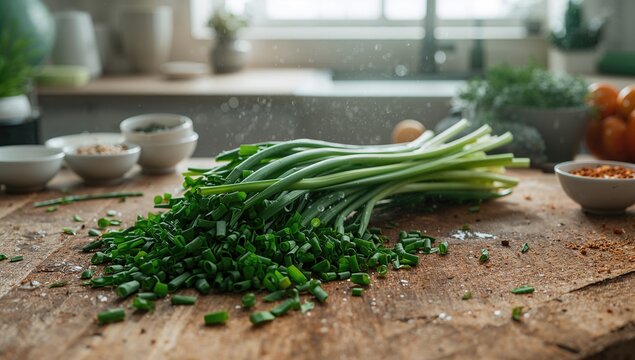 Chopped chive herb placed on a chopping board, knife skills and freshness - Powered by Adobe
