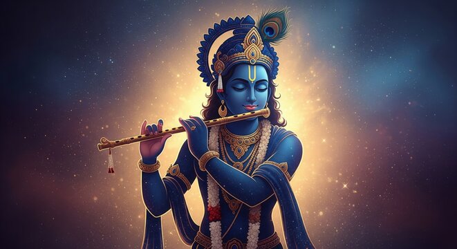 Krishna Cosmic Blue-Gold Aura Semi-Realistic 4K Wallpaper.