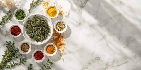 Herb and spice arrangement in white porcelain dishes on marble surface, used as a culinary ingredient display