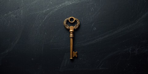Vintage golden latchkey resting on a blackboard surface used as copy space, suitable for educational or instructional layouts