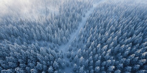 Aerial view of a snow-covered pine forest in winter, natural landscape symmetry, winter awareness day