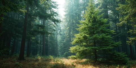 Obraz premium Coniferous woodland with tall pine trees highlighting natural habitat, Earth Day focus