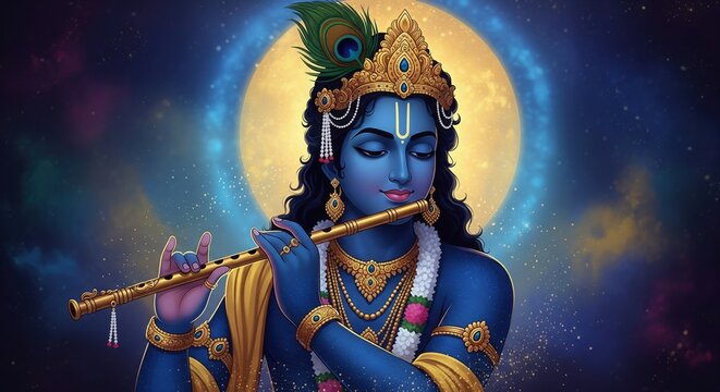 Krishna Cosmic Blue-Gold Aura Semi-Realistic 4K Wallpaper.