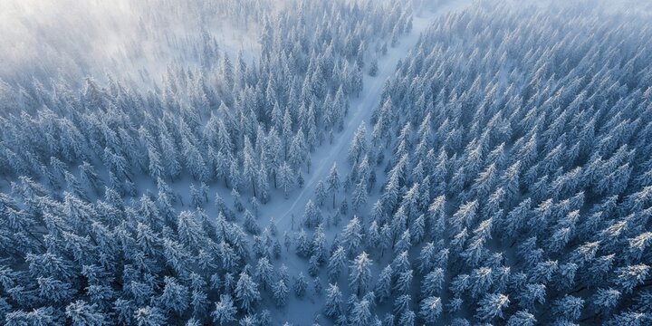 Aerial view of a snow-covered pine forest in winter, natural landscape symmetry, winter awareness day - Powered by Adobe