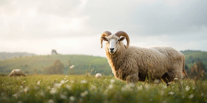 Hungarian Racka sheep with characteristic spiral horns, suited for grazing in open pastures, agricultural landscape, World Sheep Day