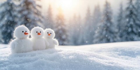 Duck snowmen arranged in a line on snow-covered ground, winter scene for seasonal holiday recognition