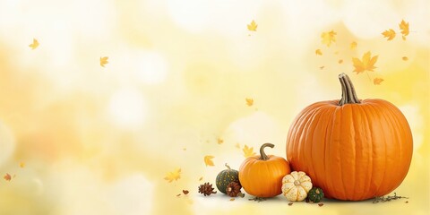 Bright autumn scene with colorful Halloween pumpkins of different sizes set against a lively background, seasonal celebration