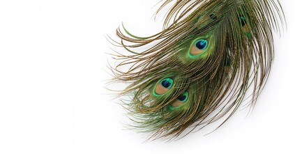 Obraz premium Peacock feathers with vibrant eye spots laid out on a plain white backdrop, showcasing natural beauty