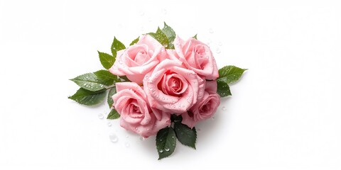 Fototapeta premium Pink rose flowers with dew drops on a white background, highlighting floral detail and delicate textures