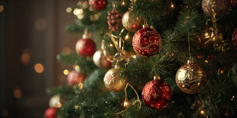 Detail of Christmas tree ornaments hanging, seasonal decoration for holiday ambiance