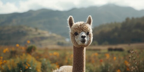 Obraz premium Alpaca resting on mountain terrain, natural fiber harvest