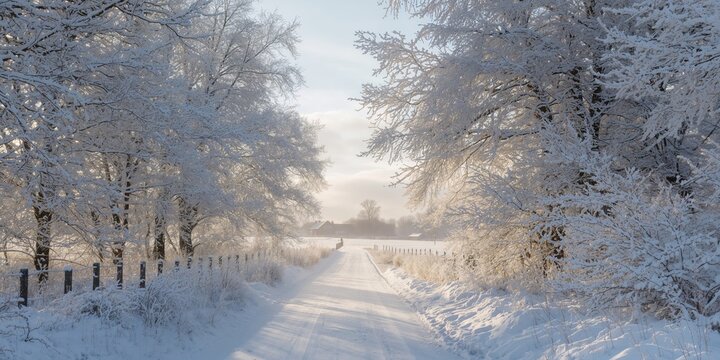 Snow-covered country lanes and farm with snow-laden trees, seasonal change, winter landscape