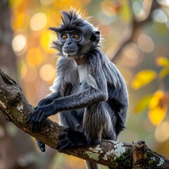 Obraz premium Gray monkey with spiky hair sits on a branch with bokeh foliage, staring directly at the viewer