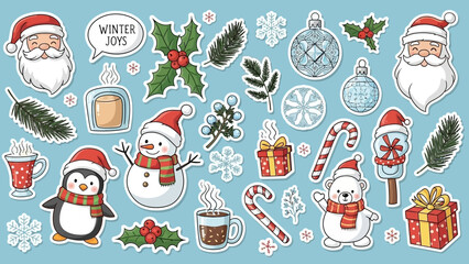 Christmas Winter Holiday Elements Collection Santa Claus Snowman Penguin Polar Bear.