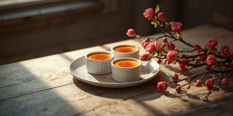 Three servings of creme brulee, showcasing traditional French dessert craftsmanship with caramel crust and smooth custard