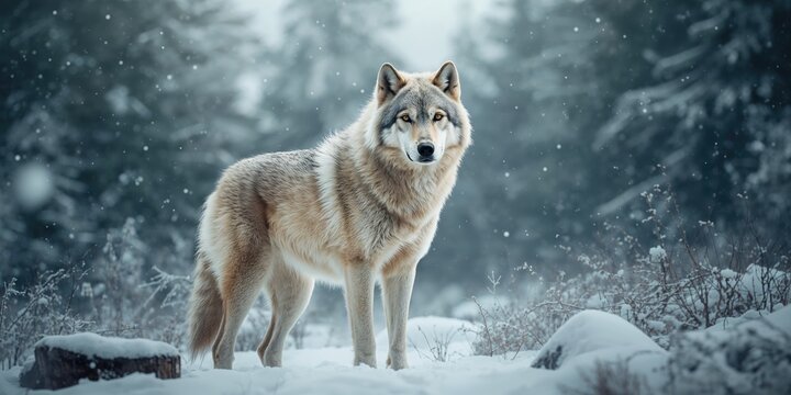 Mammal photograph of a winter Arctic wolf in snow-covered woodland, highlighting animal resilience in cold environments