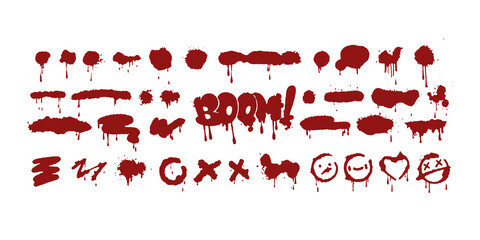 Spray graffiti element set, vector can splatter brush drip freehand kit, urban street black grunge. Cool hand writing stain splash, dirty messy airy ink stroke and circles. Spray graffiti dark splash