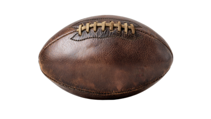 Aged brown leather oval ball with visible stitching, isolated on black