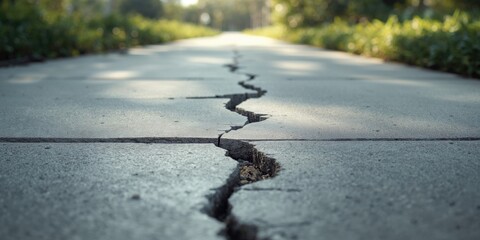 Fragmented cement pavement, pedestrian pathway with surface damage for repair focus