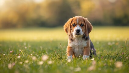 Small beagle sitting amidst greenery and blooms, focusing on outdoor leisure and nature, Earth Day