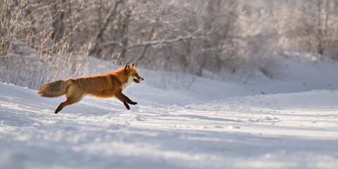 Naklejka premium Jumping red fox in European habitat, agility and wildlife activity
