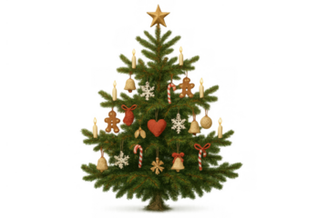 Christmas tree decorating a festive holiday celebration with ornaments, candles, star, gingerbread man, transparent background
