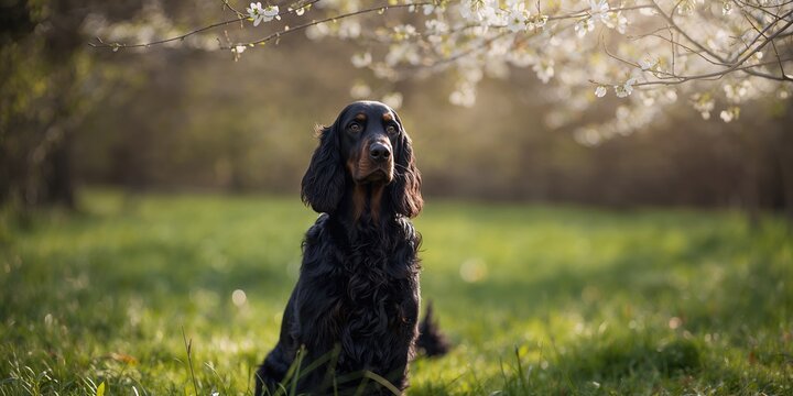 Gordon Setter dog in early spring forest, seasonal wildlife activity