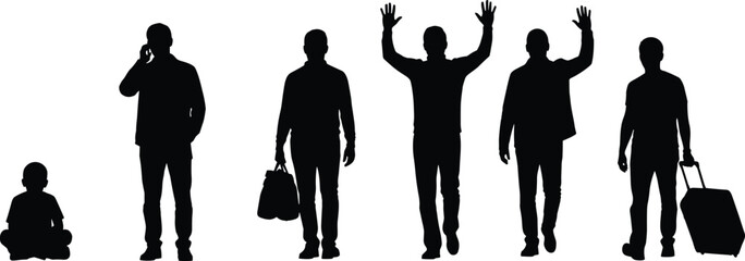 Black Silhouette Men Vector Set Including Casual Traveler with Suitcase, Cellphone Talker, and Sitting Child for Communication and Travel Design