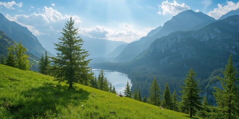 Young pine trees on a mountain slope, reforestation efforts for ecological preservation