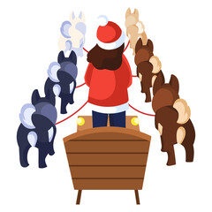 Beautiful woman riding a colorful dog sled, viewed from the rear. Rich clip art illustration.