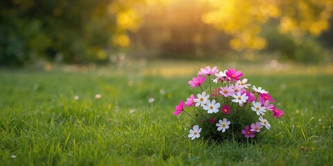 Cosmos flowers in full bloom in a garden during summer, serving as a vibrant floral backdrop