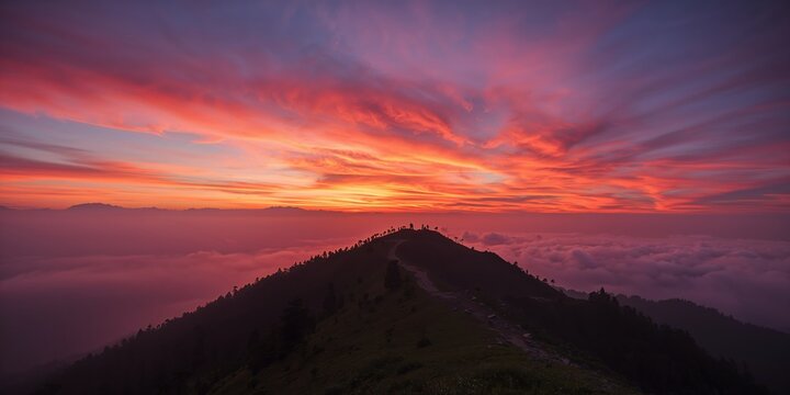 Cloudy red sunset sky over trekking trail during sunset, atmospheric conditions, Earth Day