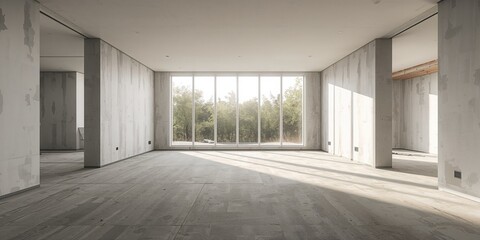 Interior of a house with large open space during renovation, focusing on construction progress and structural updates