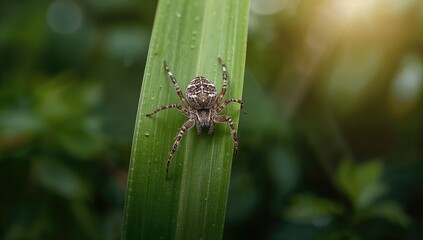 A wolf spider resting on a leaf, illustrating predatory positioning in natural environments