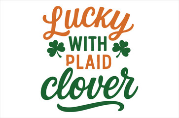 The image displays the word lucky in a decorative script font with clover and plaid elements