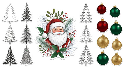 Christmas Elements Including Santa Claus Trees and Ornaments.