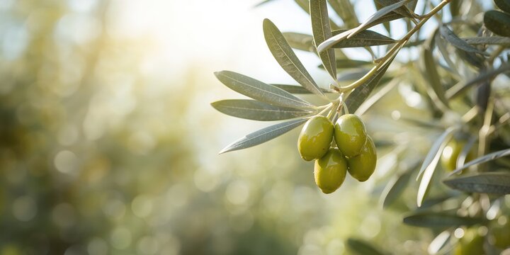 Green olive fruit on a tree branch in a natural garden setting, fresh produce, World Food Day