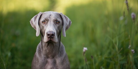 Close-up of a Weimaraner dog's head highlighting sleek fur and alert posture, suitable for pet care background