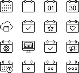 Mega Time Date Calendar Schedule Location Address Outline Icons Set. Pin Pointer, Clock Hourglass, Appointment Planner Vector Symbol Illustration Collection.