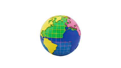 Colorful 3D Globe Showing Continents With Grids On A Transparent Background Ideal For Global Concepts