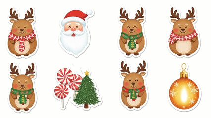 Fototapeta premium Christmas Holiday Stickers Set Featuring Reindeer Santa Claus Candy Canes Christmas Tree and Ornament.